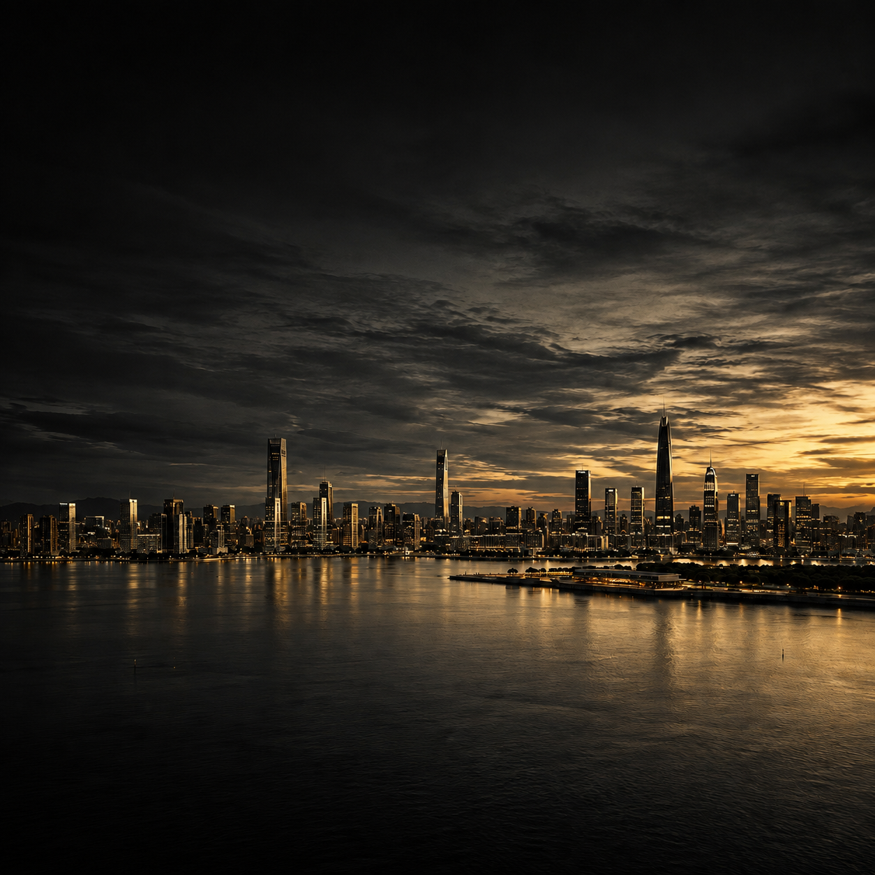Skyline corporativo ao entardecer